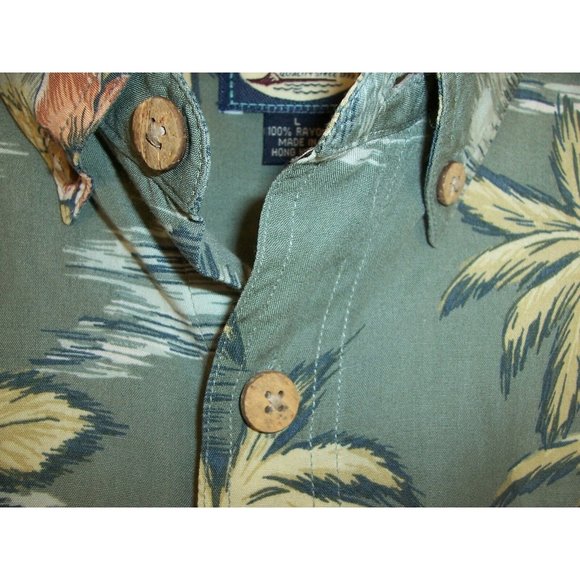 Tommy Bahama Hawaiian Shirt L Vented Fishing Floral Rayon Green - Picture 2 of 12